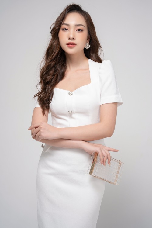 Sixdo White Puff-sleeves Midi Woven Dress
